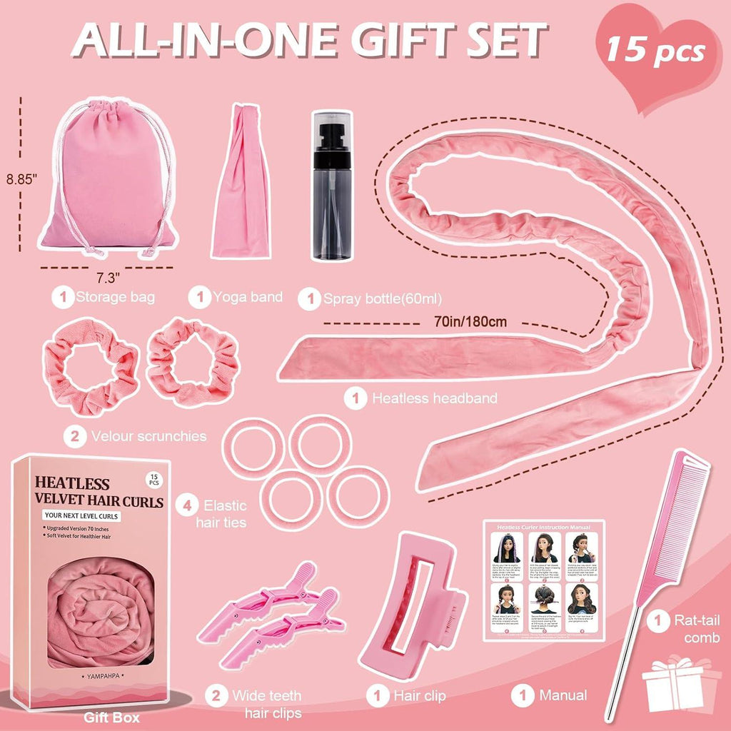15-Pieces All in-1 Heatless Hair Curler Set with Spray Bottle, Claw Clips, Rat-tail Comb & Satin Scrunchies-Complete Overnight Curls Kit Generic