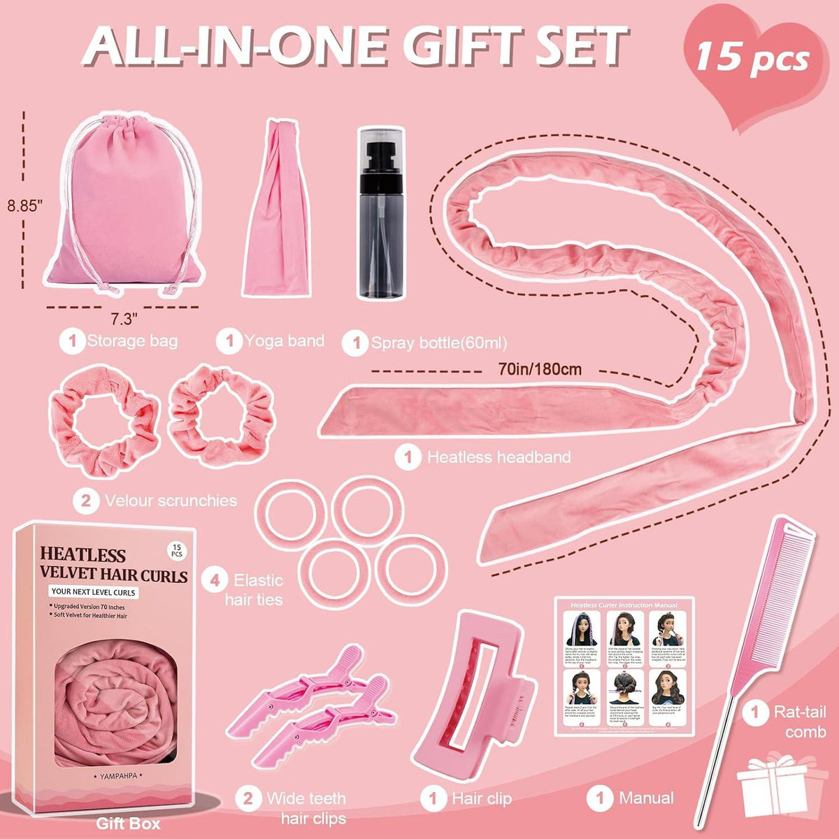 15-Pieces All in-1 Heatless Hair Curler Set with Spray Bottle, Claw Clips, Rat-tail Comb & Satin Scrunchies-Complete Overnight Curls Kit Generic